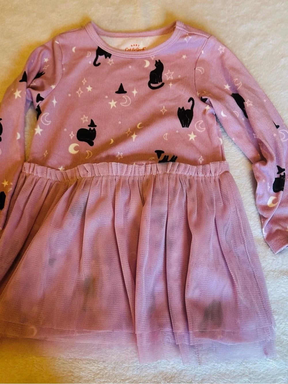 Cat & Jack Purple Long-Sleeve Tulle Skater Dress with Black Cat Print